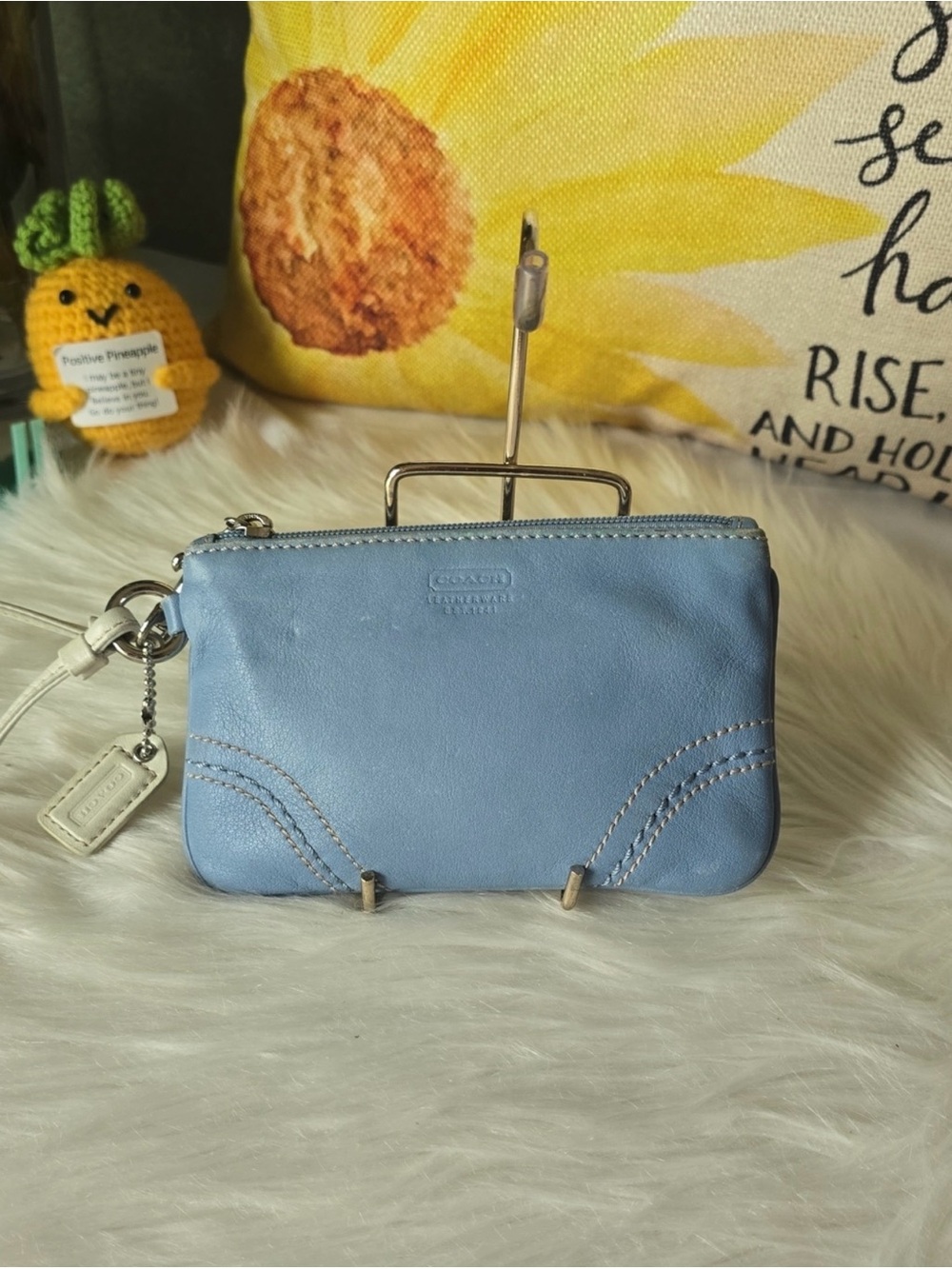 Coach Light Blue Leather Wristlet with Signature Stitching